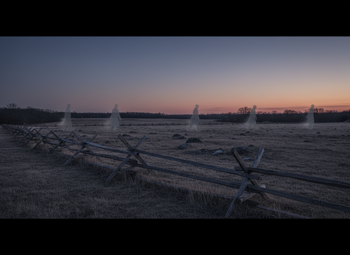 Distant translucent marching figures crossing a dusk battlefield near a split-rail fence at Gettysburg.